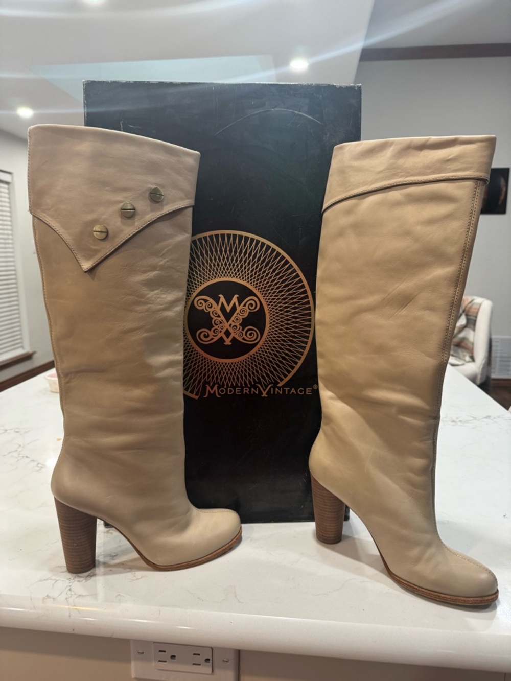 Modern Vintage Beige Leather Knee-High Heeled Boots